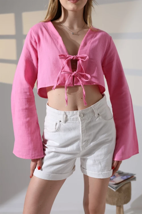 Kadın Pembe Önden Bağlamalı Müslin Kumaş Crop Bluz HZL25S-DSB104071