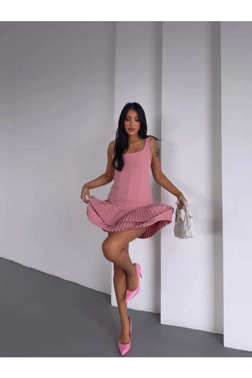 Kadın Pembe Pileli Şortlu Mini Elbise HZL25S-FRY122991