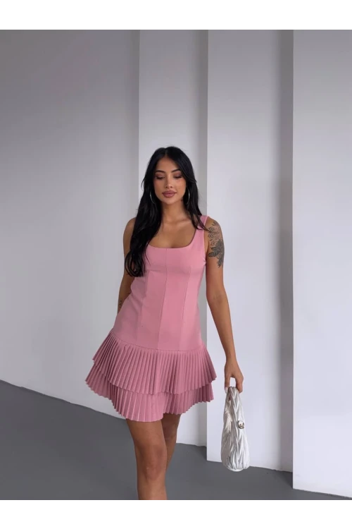 Kadın Pembe Pileli Şortlu Mini Elbise HZL25S-FRY122991