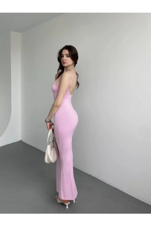 Kadın Pembe Sırtı Açık Yumuşak Dokulu Elbise HZL25S-ZK13281