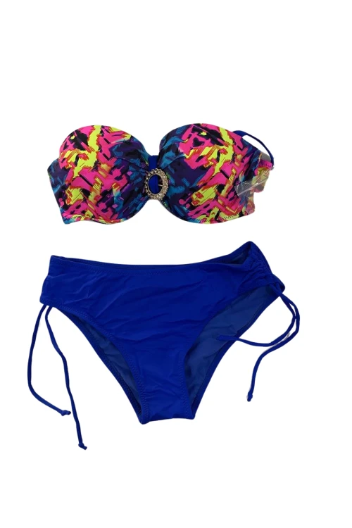 Kadın Saks Mavi Renk Desenli Toka Detaylı  Astarlı Bikini Takım HZL25S-LC3322