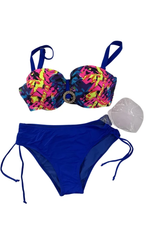 Kadın Saks Mavi Renk Desenli Toka Detaylı  Astarlı Bikini Takım HZL25S-LC3322