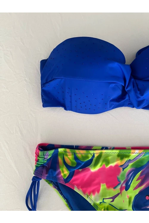Kadın Saks Mavi Taş İşlemeli Astarlı Bikini Takım HZL25S-LC3334