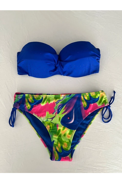 Kadın Saks Mavi Taş İşlemeli Astarlı Bikini Takım HZL25S-LC3334