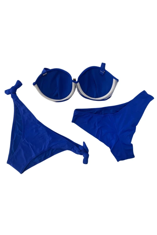 Kadın Saks Mavi Taş İşlemeli Tokalı  Astarlı Bikini Takım HZL24S-LC3306