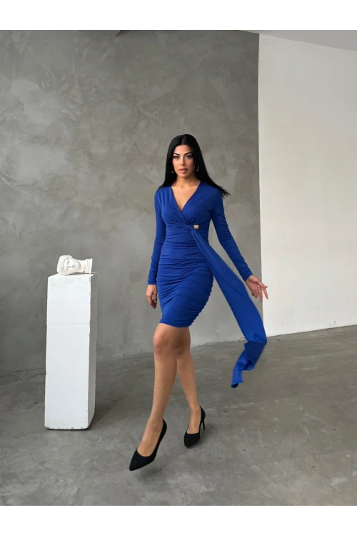 Kadın Saks Mavi V Yaka Toka Ve Büzgü Detaylı Elbise HZL25W-FRY122611