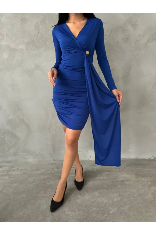 Kadın Saks Mavi V Yaka Toka Ve Büzgü Detaylı Elbise HZL25W-FRY122611