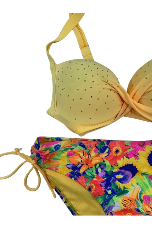 Kadın Sarı Çiçek Desenli Taş İşlemeli  Astarlı Bikini Takım HZL25S-LC3313