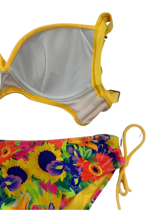 Kadın Sarı Çiçek Desenli Taş İşlemeli  Astarlı Bikini Takım HZL25S-LC3313