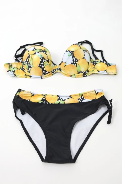 Kadın Sarı Siyah Limon Desenli İp Askılı Yüksek Bel Bikini Takım HZL24S-LC3348