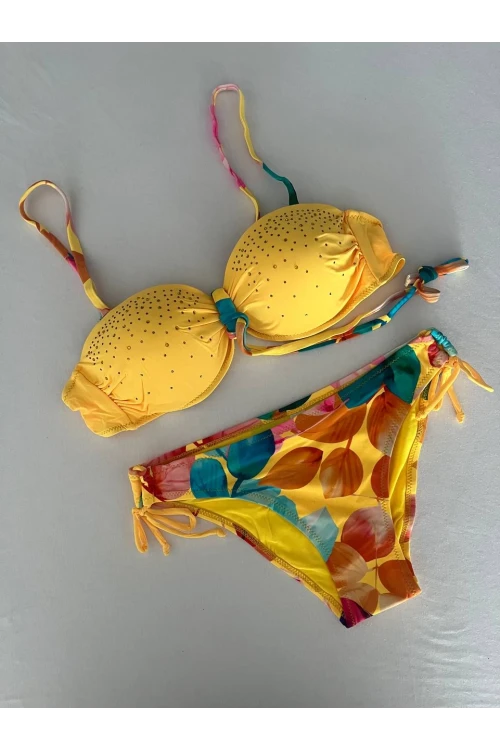 Kadın Sarı Taş İşlemeli Astarlı Bikini Takım HZL25S-LC207