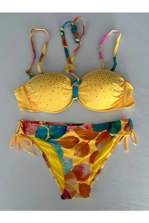 Kadın Sarı Taş İşlemeli Astarlı Bikini Takım HZL25S-LC207