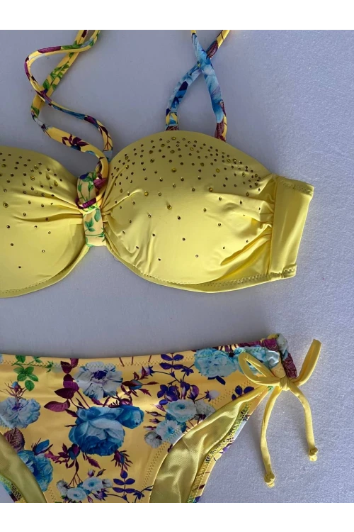 Kadın Sarı Taş İşlemeli Astarlı Bikini Takım HZL25S-LC208