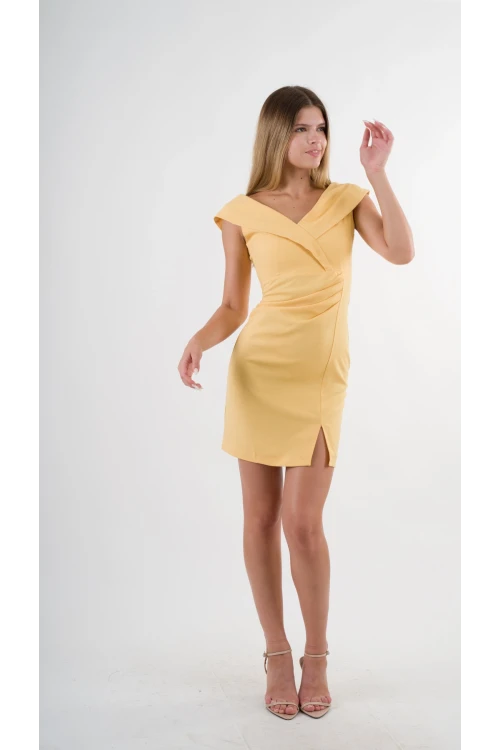 Kadın Sarı V Yaka Yırtmaç Detaylı Kolsuz Elbise HZL24S-YY272