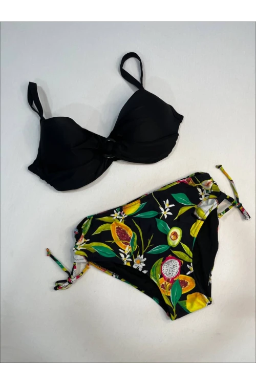 Kadın Siyah Aksesuar Detaylı Tropikal Desen Bikini Takım HZL25S-LC3343