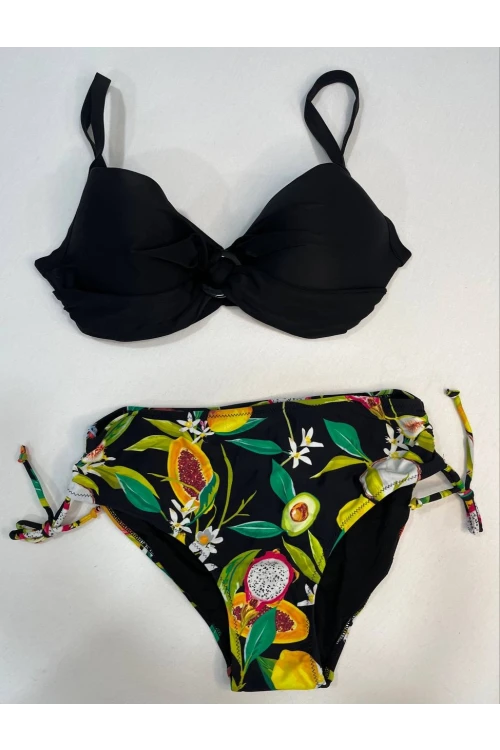Kadın Siyah Aksesuar Detaylı Tropikal Desen Bikini Takım HZL25S-LC3343