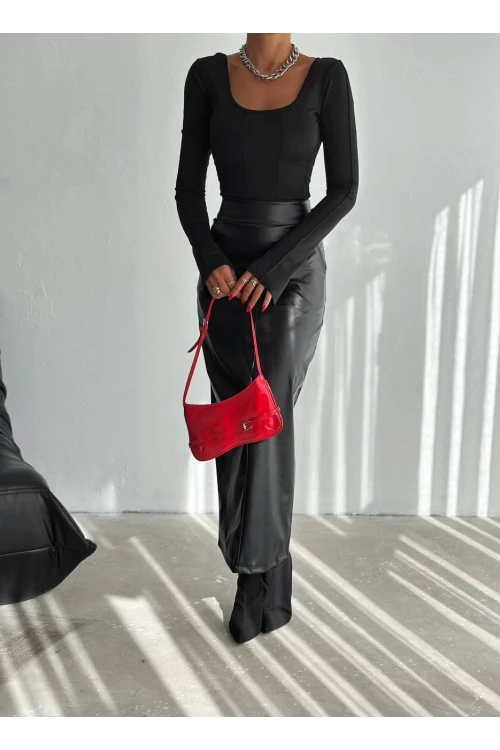 Kadın Siyah Arkadan Yırtmaçlı Fermuarlı Cepli Kalem Etek HZL25W-FRY122431