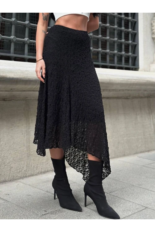 Kadın Siyah Asimetrik Kesim Astarlı Dantel Etek HZL25S-ZK13571