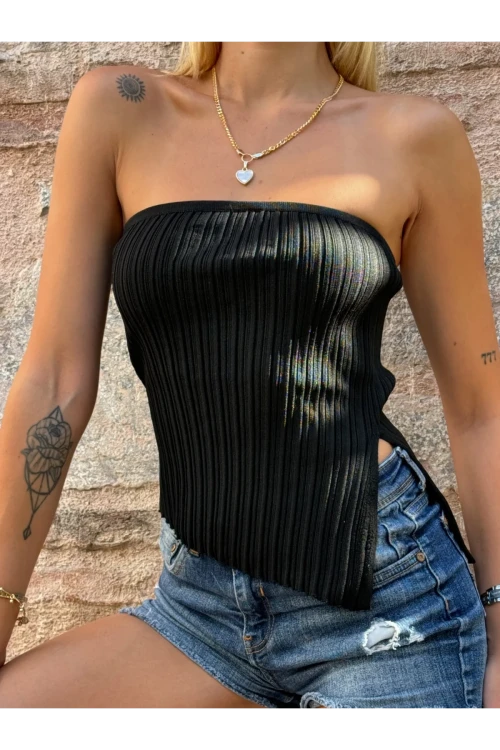 Kadın Siyah Asimetrik Kesim Yırtmaçlı Triko Straplez Bluz HZL24S-ZK10291