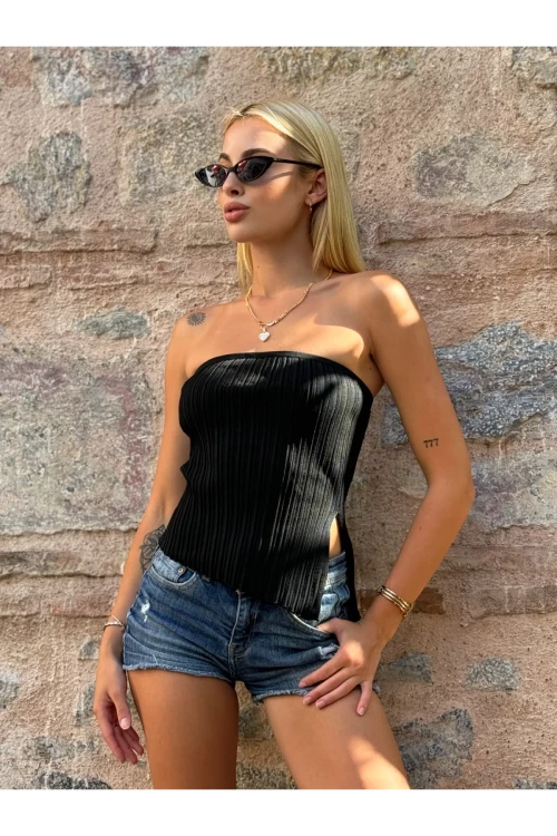 Kadın Siyah Asimetrik Kesim Yırtmaçlı Triko Straplez Bluz HZL24S-ZK10291