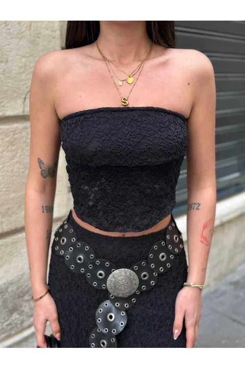 Kadın Siyah Astarlı Dantel Straplez Bluz HZL25S-ZK11251