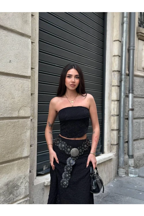 Kadın Siyah Astarlı Dantel Straplez Bluz HZL25S-ZK11251