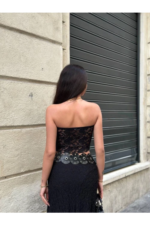 Kadın Siyah Astarlı Dantel Straplez Bluz HZL25S-ZK11251