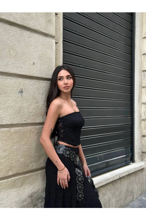 Kadın Siyah Astarlı Dantel Straplez Bluz HZL25S-ZK11251