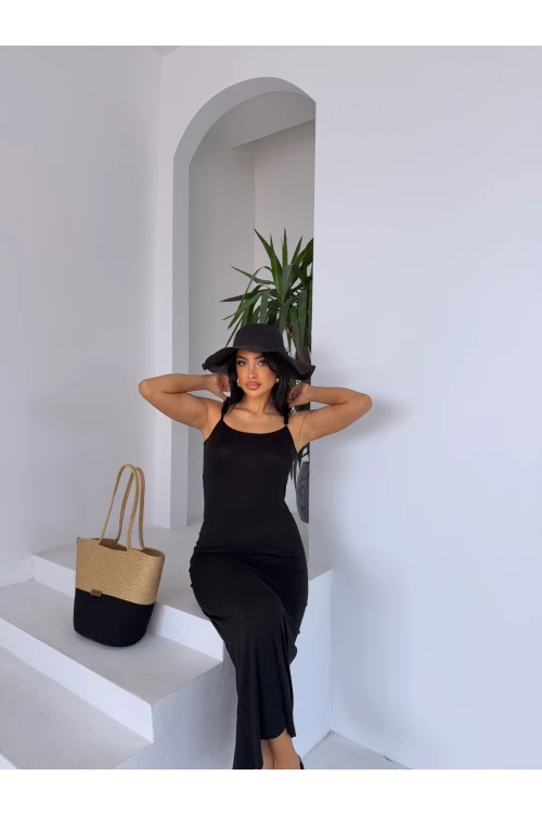 Kadın Siyah Ayarlanabilir Askılı Midi Boy Elbise HZL25S-FRY122921