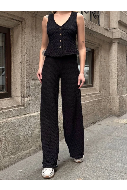 Kadın Siyah Beli Lastilkli Gofre Kumaş Pantolon HZL24S-ZK13261