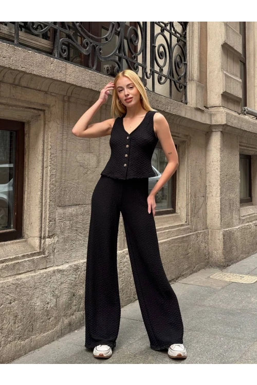 Kadın Siyah Beli Lastilkli Gofre Kumaş Pantolon HZL24S-ZK13261