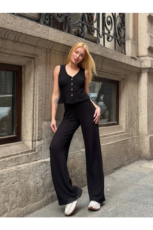 Kadın Siyah Beli Lastilkli Gofre Kumaş Pantolon HZL24S-ZK13261