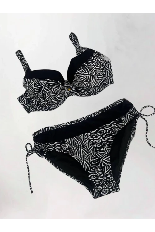 Kadın Siyah Beyaz Desenli Büyük Beden Astarlı Bikini Takım HZL25S-LC4006