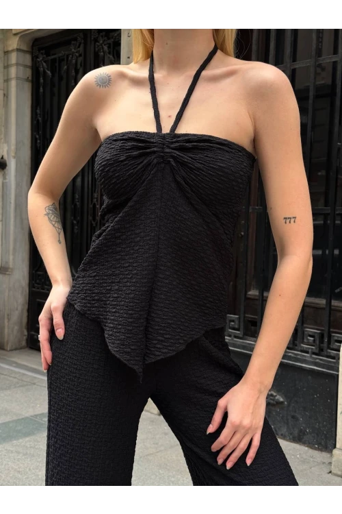 Kadın Siyah Boyundan Bağlamalı Staplez Bluz HZL25S-ZK13581