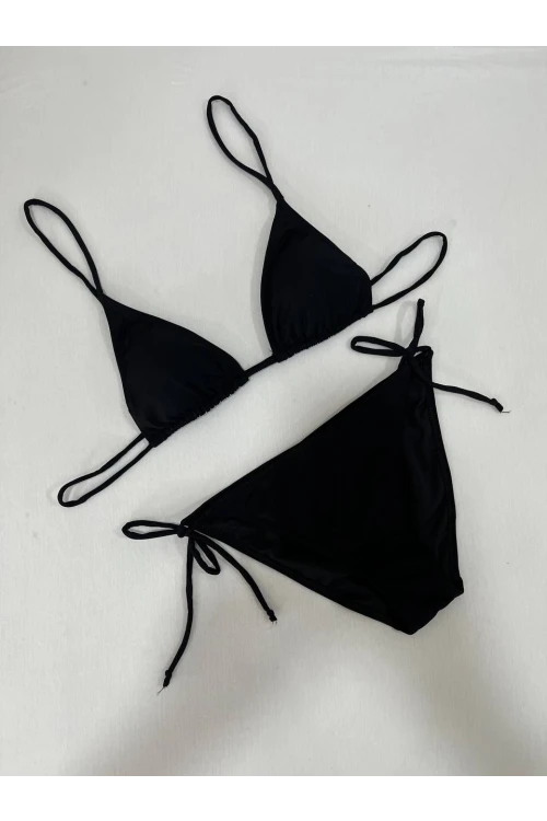 Kadın Siyah Boyundan İp Bağlamalı Üçgen Bikini Takımı HZL25S-LC5005