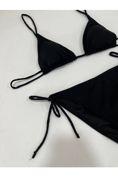 Kadın Siyah Boyundan İp Bağlamalı Üçgen Bikini Takımı HZL25S-LC5005