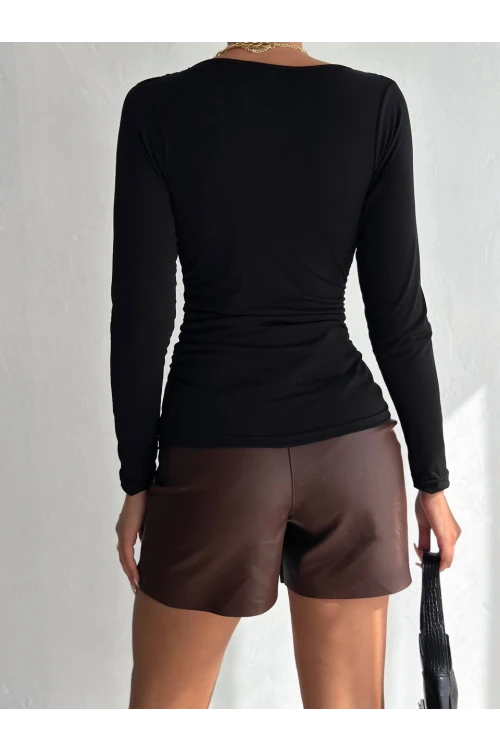 Kadın Siyah Degaje Yaka Yandan Büzgülü Uzun Kol Sandy Bluz HZL24W-FRY122481