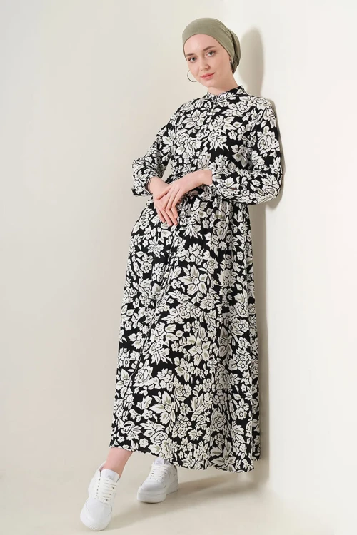 Kadın Siyah Desenli Hakim Yaka Yazlık Uzun Elbise HZL25W-BD122971