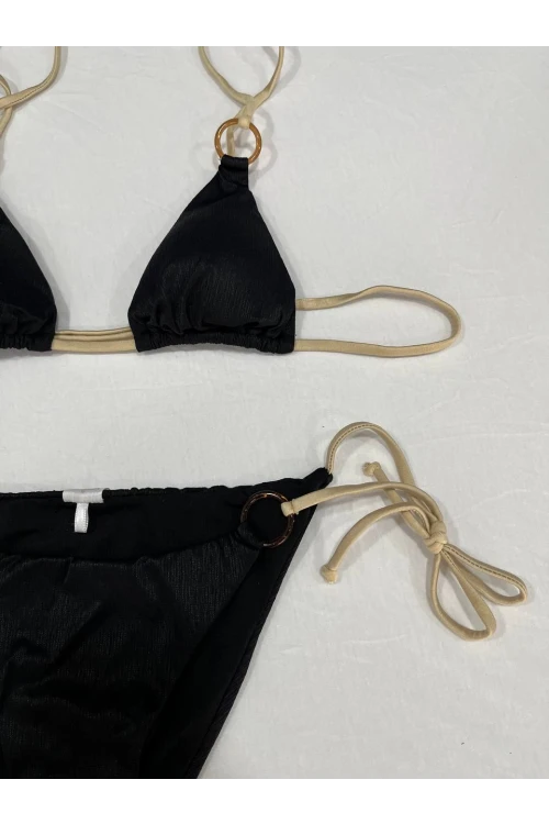 Kadın Siyah Halka Detaylı İp Bağlamalı Astarlı Bikini Takım HZL25S-AR1617