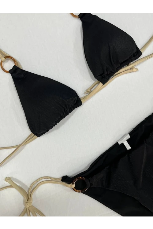Kadın Siyah Halka Detaylı İp Bağlamalı Astarlı Bikini Takım HZL25S-AR1617