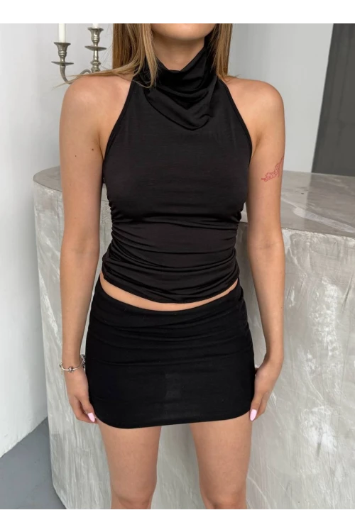 Kadın Siyah Halter Yaka Sırtı Açık Sandy Bluz HZL25S-FRY123141