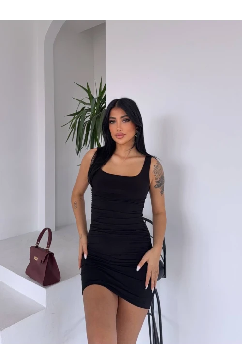 Kadın Siyah Kalın Askılı Yanlardan Drapeli Mini Elbise HZL25S-FRY123081