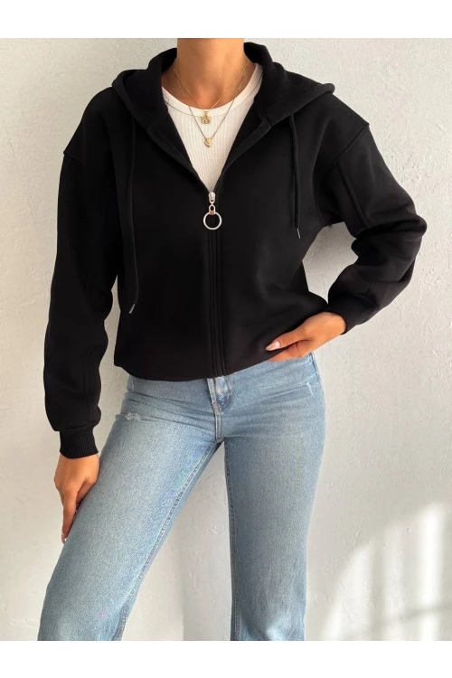 Kadın Siyah Kapüşonlu Fermuarlı Şardonlu  Sweatshirt HZL24W-FRY122561
