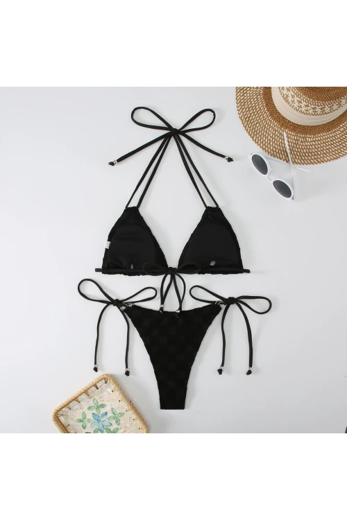 Kadın Siyah İp Bağlamalı Aksesuarlı Astarlı Yüksek Bel Üçgen Bikini Takım HZL24S-LC2229