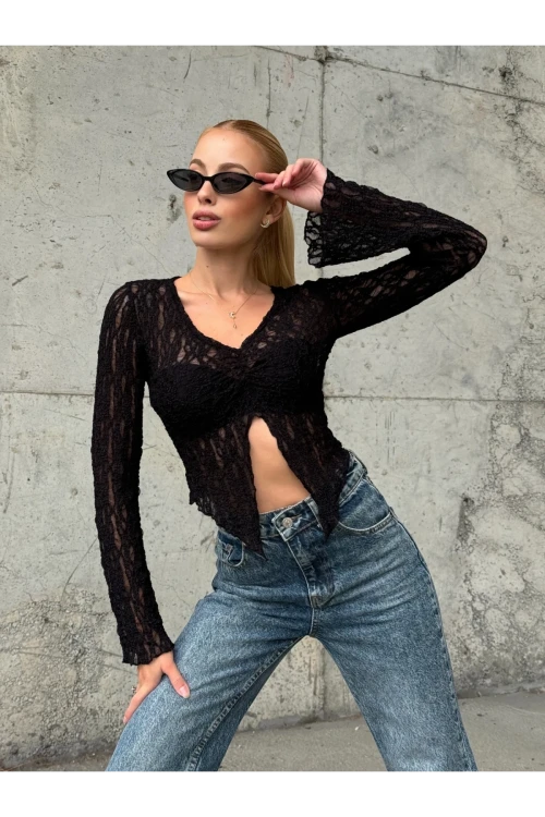 Kadın Siyah Önü Büzgülü İspanyol Kol Tül Bluz HZL24S-ZK13381