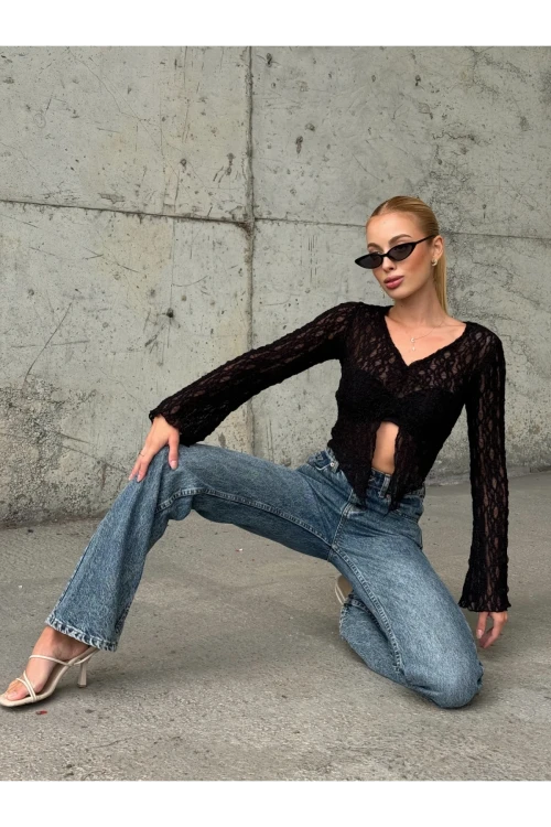 Kadın Siyah Önü Büzgülü İspanyol Kol Tül Bluz HZL24S-ZK13381