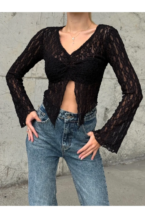 Kadın Siyah Önü Büzgülü İspanyol Kol Tül Bluz HZL24S-ZK13381