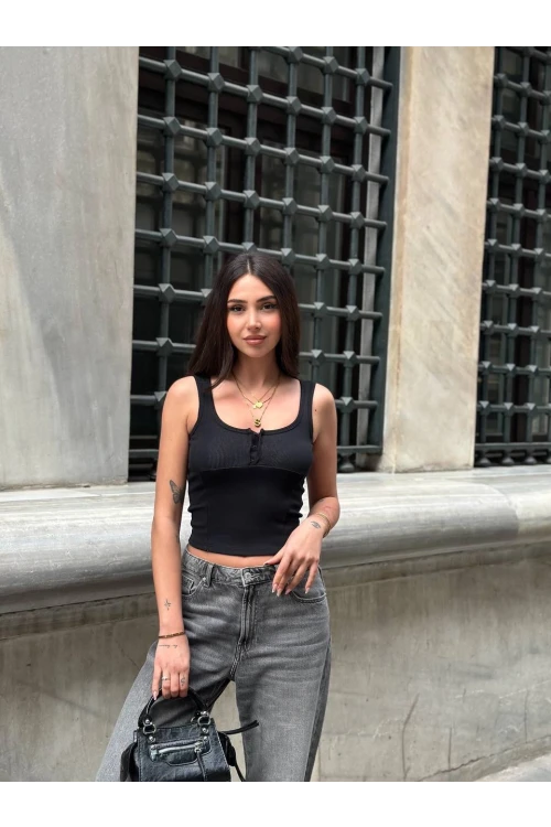 Kadın Siyah Önü Çıt Çıt Kapamalı Crop HZL25S-ZK11671