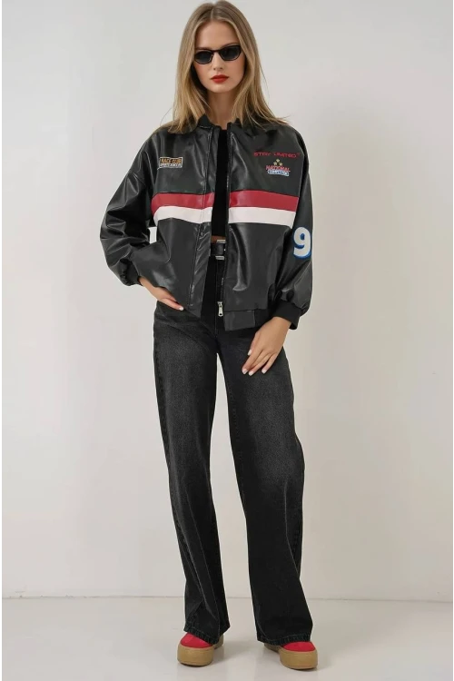 Kadın Siyah Oversize Baskılı Suni Deri Bomber Ceket HZL25W-BD110431