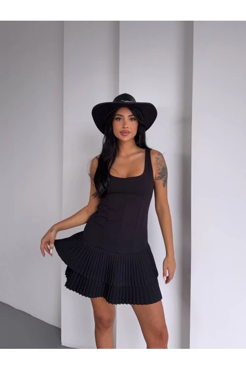 Kadın Siyah Pileli Şortlu Mini Elbise HZL25S-FRY122991